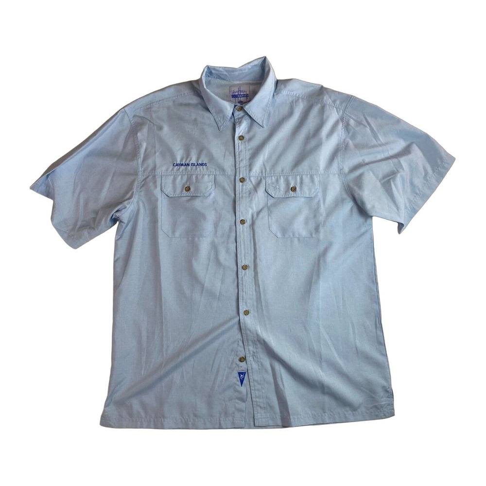 Guy Harvey Cayman Islands Blue Short Sleeve Button Up Shirt Marlin Back 2XL